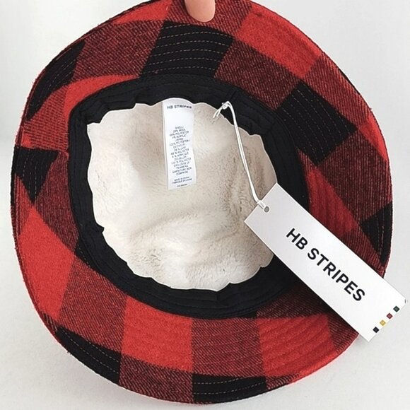 HB STRIPES Women's Bucket Hat Racing Red Black Plaid Wool Blend Fleece Lined O/S - Picture 11 of 12